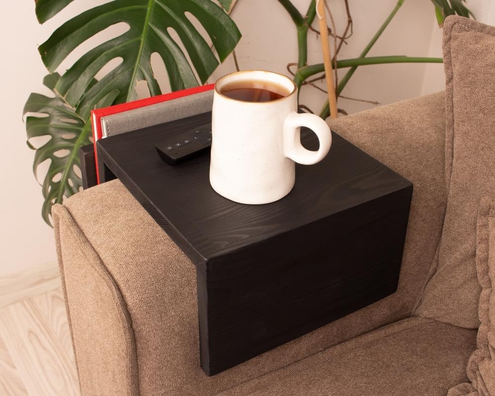 Wooden Couch Arm Tray – Sofa Armrest Table with Book & Magazine Holder, Perfect for Coffee & Remote Control, Solid Wood (Black)