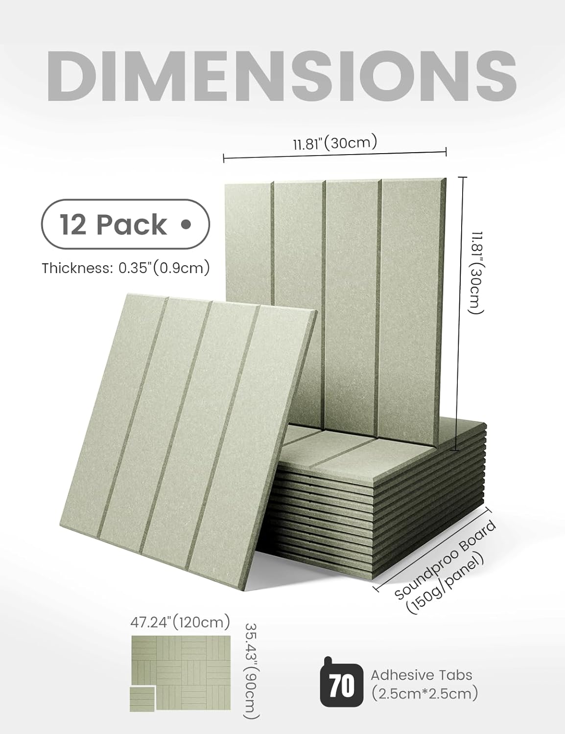 Felt Bulletin Board Tiles Large 48" x 36" Cork Board Alternative-12 Pack with 70 Adhesive Tabs, Thick Slat Wall Panels for Office Decor, Push Pin Board Wall Organizer Alternative -Sage