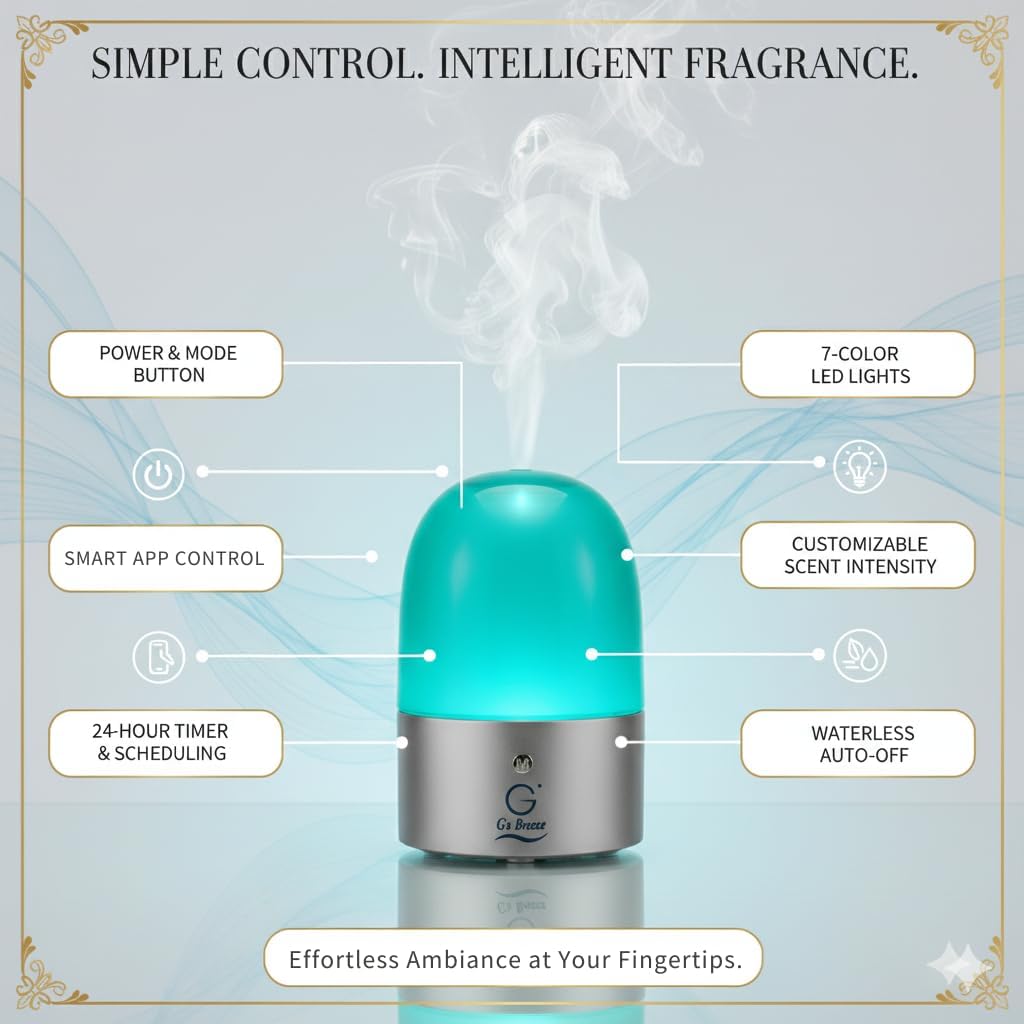 G's Breeze Smart Aroma Diffuser with Refill – Bluetooth & Wi-Fi App Control, LED Lighting, Adjustable Intensity, Long-Lasting Woody Fragrance for Home or Office - Musk
