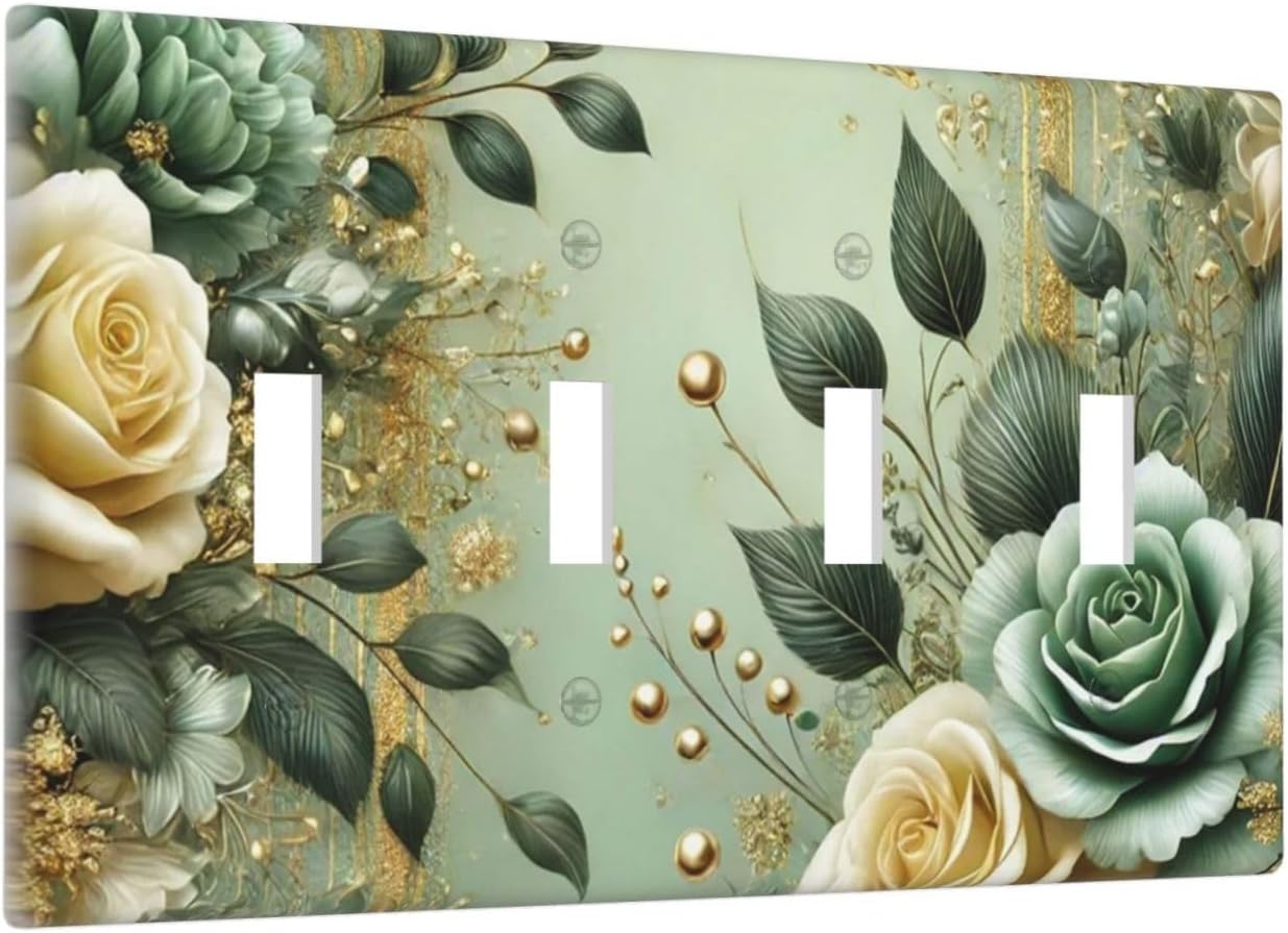 Decorative Light Switch Cover Plate Rustic Green Floral Leaves Teal Flowers Gold Stripe 4 Gang Wall Plate Oversized Quad Toggle Switch Cover Plate Jumbo Faceplate