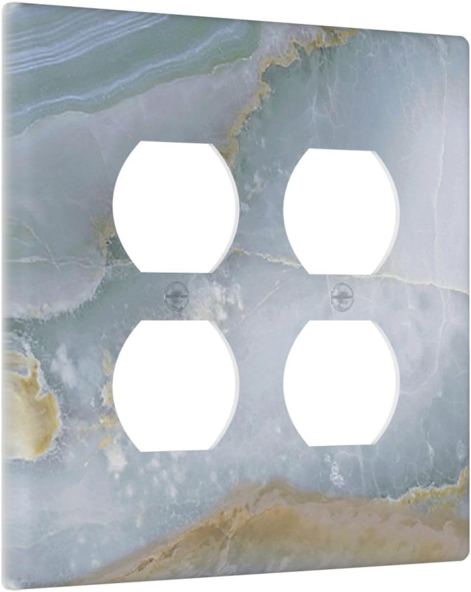 Outlet Covers Colored Art Marble Golden Line 2 Gang Double Duplex Decorative Light Switch Covers Electrical Wallplates Socket Faceplate For Bathroom Kitchen Decor