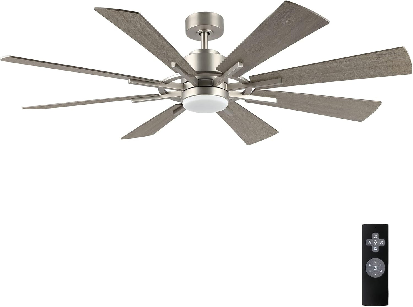WINGBO 60" DC Ceiling Fan with Lights and Remote Control, Brushed Nickel and Gray Ceiling Fan, 8 Plywood Blades, 6-Speed Reversible DC Motor, Modern Ceiling Fans Indoor for Kitchen Bedroom Living Room