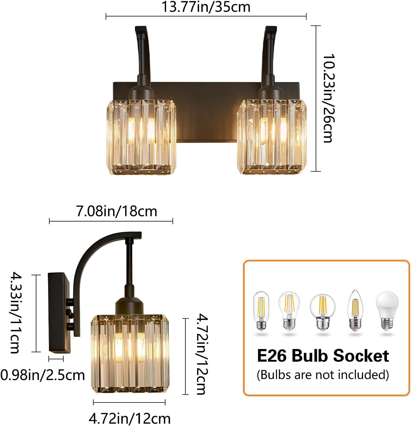 Crystal Vanity Lights 2-Light Black Wall Lamp Modern Crystal Bathroom Light Fixtures Over Mirror 13.77" Long Bathroom Wall Sconce