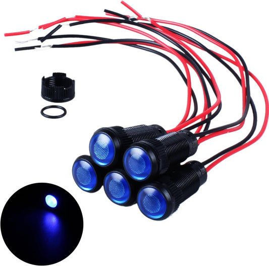 5pcs 10mm LED Indicator Light Plastic Black Signal Dot Lamp 110-220V AC 2/5" Mounting Hole Size with 15cm/5.9in. Wire (Blue LED)