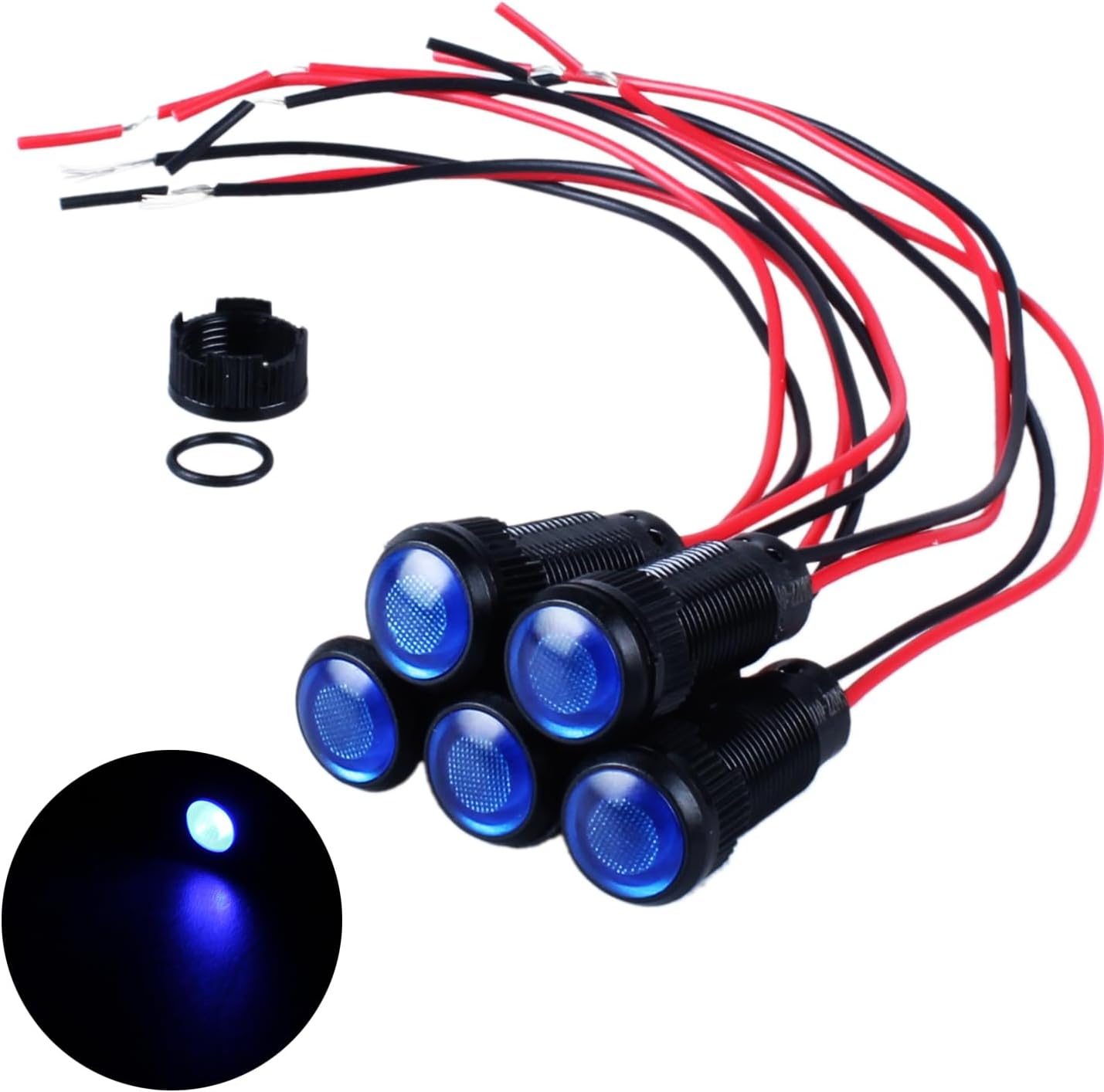 5pcs 10mm LED Indicator Light Plastic Black Signal Dot Lamp 12V-24V 2/5" Mounting Hole Size with 15cm/5.9in. Wire (Blue LED)