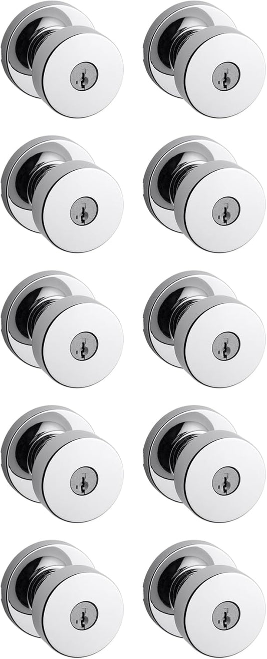 Kwikset Pismo Entry Door Knob with Lock and Key, Secure Keyed Handle Exterior, Front Entrance and Bedroom, Polished Chrome, 10 Pack, Pick Resistant SmartKey Rekey Security