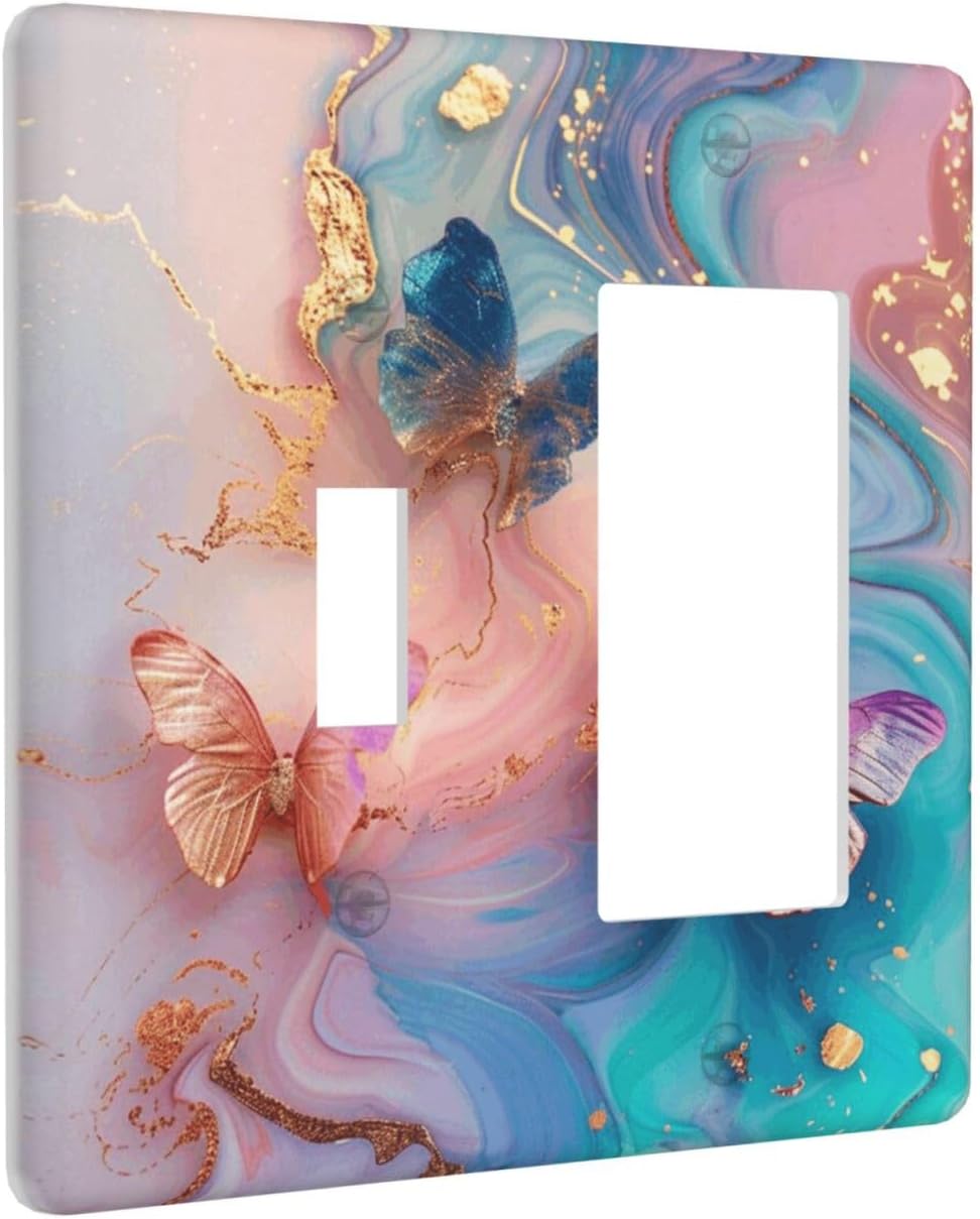 Colorful Marble Butterfly Gold Glitter Abstract Print Outlet Covers 1 Toggle 1 Rocker Combination Decorative Wall Plate Electrical Switch Plates Light Switch Cover Plate for Bed Room Living Room Decor