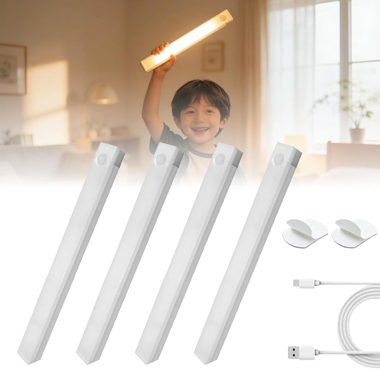 Punch-Free Smart Sensor Magnetic Rechargeable Led Lights, Rechargeable Motion Sensor Lights, Motion Sensor Light Indoor, for Wardrobes Kitchens Closets and Studios (4Set-Warm,30cm/11.81in)