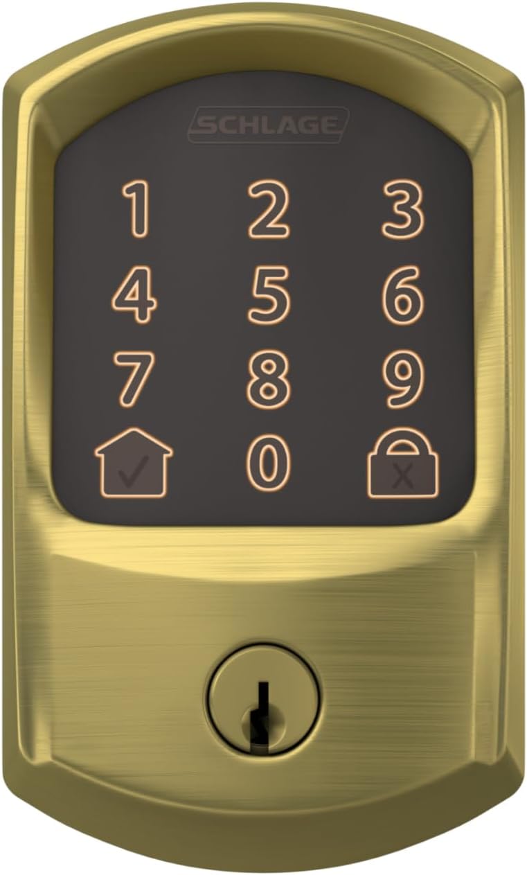 Schlage Encode Smart WiFi Deadbolt Lock for Front Door - Keyless Entry with App or Touchscreen - Compatible with Alexa, Hey Google, & Airbnb - Create Codes for Guests - Satin Brass Gold