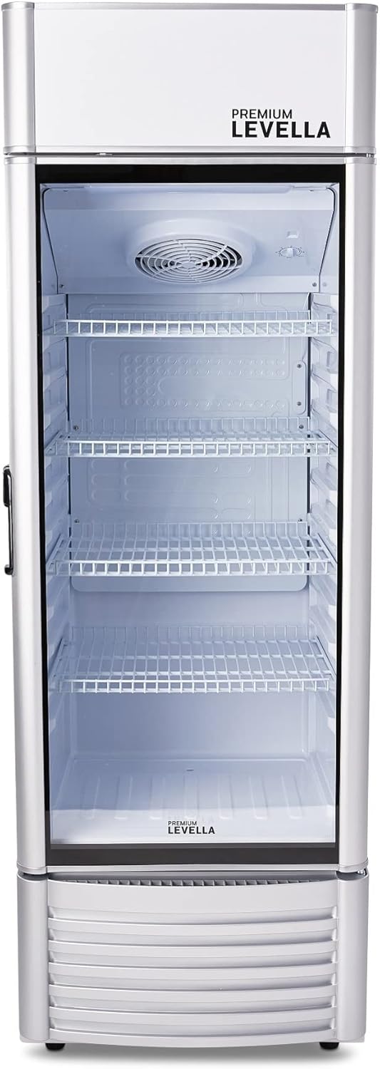 PremiumLevella PRF90DX Glass Door Display Refrigerator 9.0 cu ft Commercial Beverage Cooler Merchandiser With Customizable Lightbox - Silver