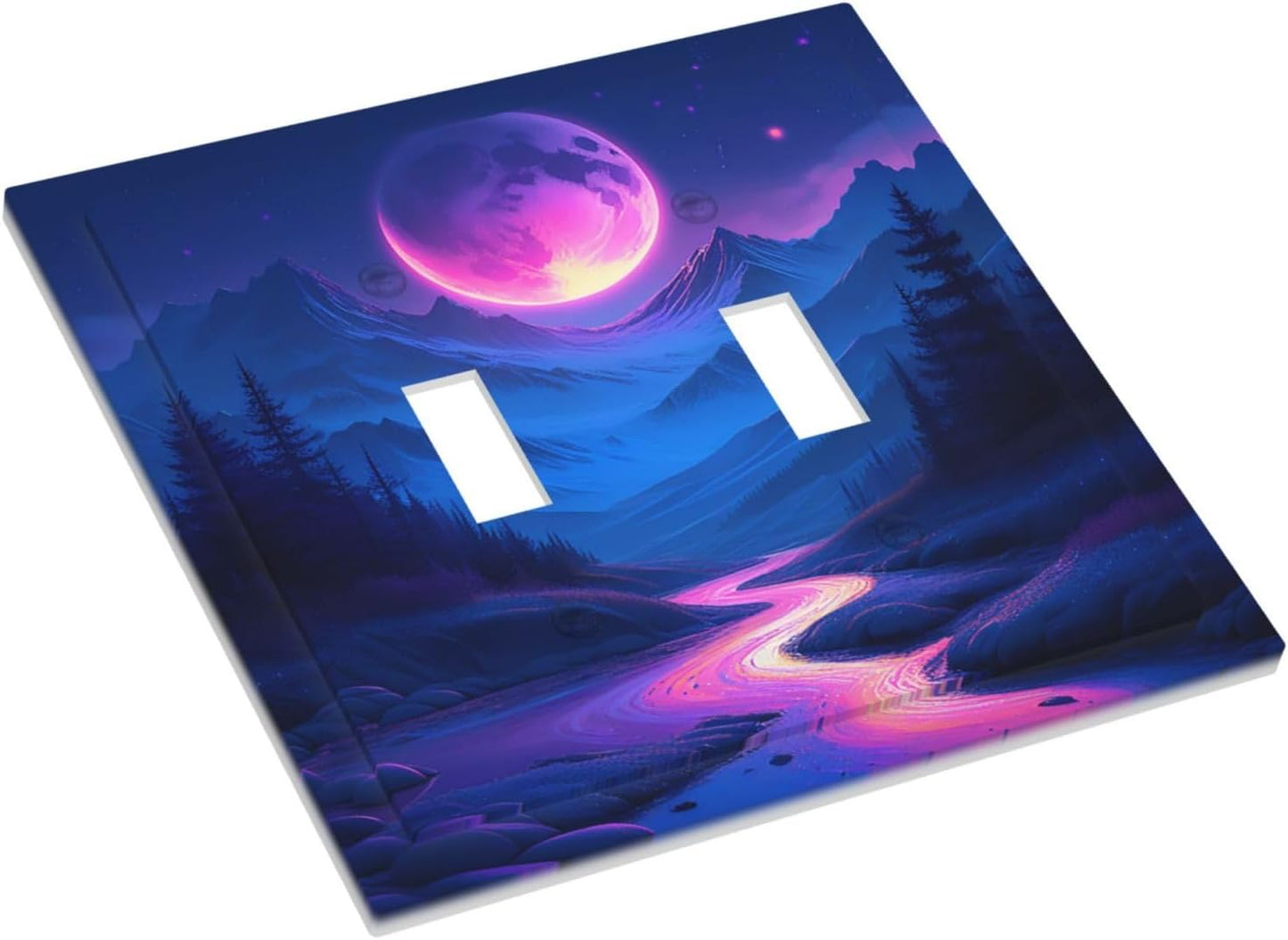 Purple Cyberpunk River Full Moon Mountain Forest Decorative Switch Plates 2 Gang Double Toggle Outlet Light Switch Cover Wall Plate Electrical Faceplate for Bedroom Bathroom Decor