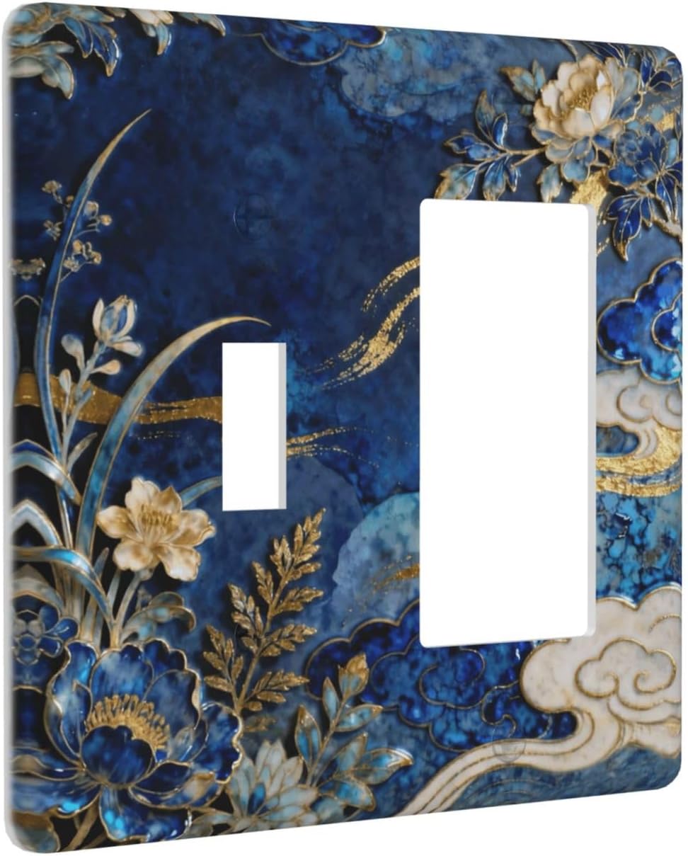 Decorative Outlet Covers Blue White Flower Gold Line Cloud 2 Gang Light Switch Cover Plate Single Toggle 1 Rocker Wall Plates for Electrical Outlets Switch Plate Covers for Home Decor