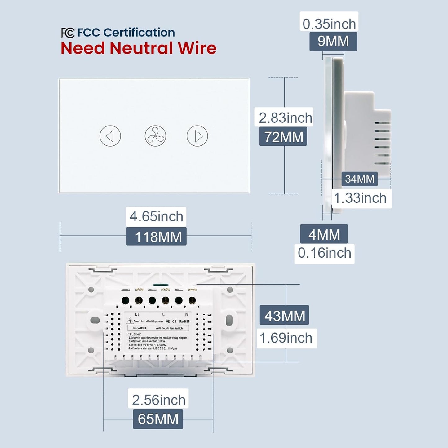 Smart Fan Switch 118X72X34MM Need Neutral Wire, 2.4GHz WiFi,Tempered Glass Panel, Multi-Control Way Work with Alexa and Smart Life, White WiFi Fan
