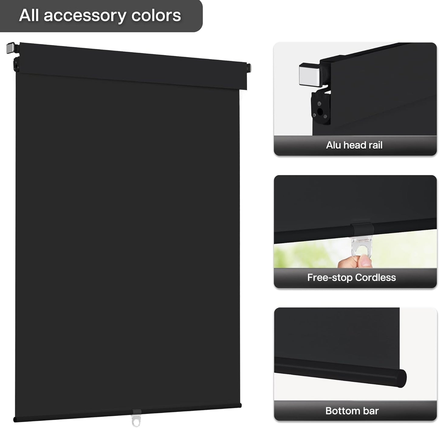 LazBlinds No Drill Blinds for Indoor Windows, Blackout Roller Shades, Cordless Window Blackout Blinds, Thermal Insulated Fabric UV Protection for Home and Office, 47" W x 72" H, Black
