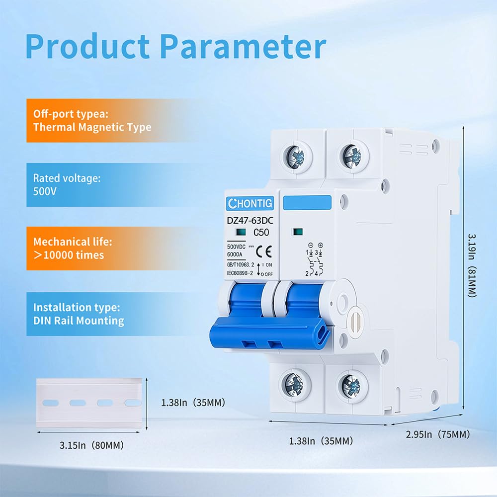 50 Amp Miniature DC Circuit Breaker 500V 2 Pole, Solar PV Disconnect Switch with Thermal Magnetic Trip, DIN Rail Mount Isolator C50