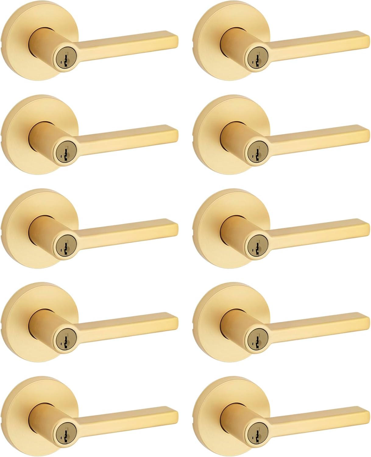 Kwikset Halifax Entry Door Handle with Lock and Key, Secure Keyed Reversible Lever Exterior, for Front Entrance and Bedrooms, Satin Brass, 10 Pack, Pick Resistant SmartKey Rekey Security