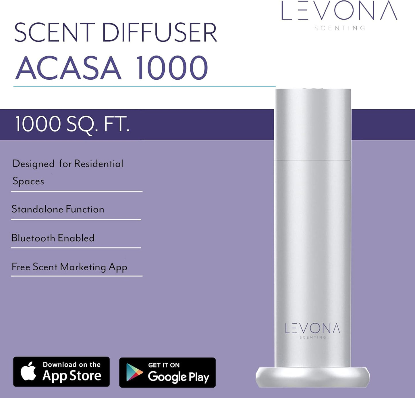 Levona Scent Waterless Diffuser - Essential Oil Aroma Smart Plug-in, Portable Scent Machine for Residential Space & Hotel, Covers 1000sqft - Acasa1000, Brushed Silver (With 120ml Oil & Cleaning Cloth)