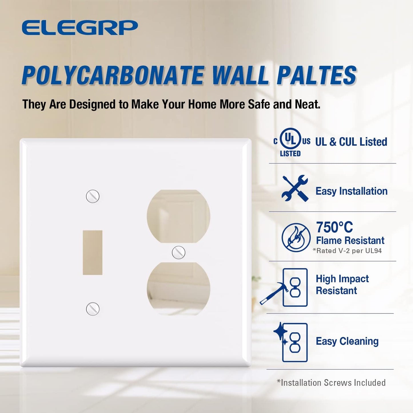 Combination Wall Plate ELEGRP 1-Toggle Light Switch 1-Duplex Receptacle Outlet Combination Wall Plate Cover, Mid-Size 4.88" x 4.94" Unbreakable Thermoplastic Faceplate Cover, UL Listed (2 Pack, white)