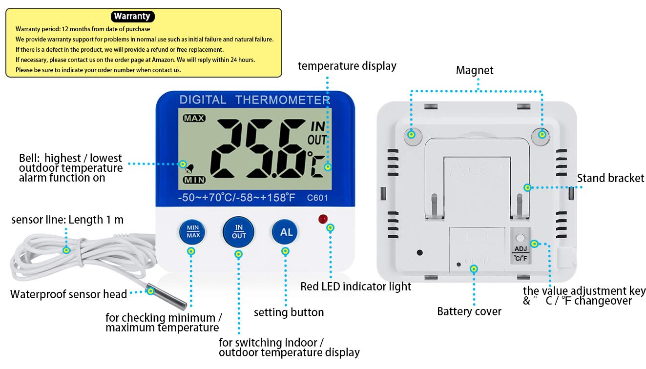 Fridge Freezer Thermometer Max/Min Memory High & Low Temperature Alarms Settings with LED Indicator Digital Refrigeration Thermometer with Magnetic,Stander 2 Pack