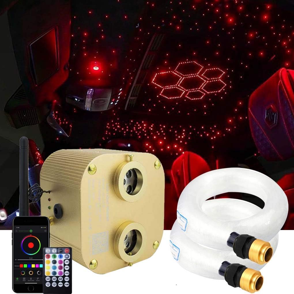 AZIMOM Twinkle Dual Port 20W Fiber Optic Star Ceiling Light Kits 600pcs 0.03in 9.8ft Fiber Strands Sound Activated APP Bluetooth Remote Control Home Indoor Car Starlight Headliner Ceiling Décor