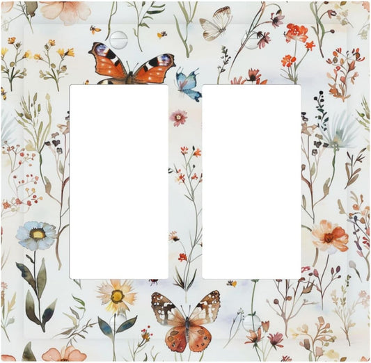 Decorative Outlet Covers Butterfly Floral Boho Multicolor Flower Leave 2 Gang Double GFCI Rocker Electrical Wall Panels Light Switch Cover Plate for Bed Room living Room Decor