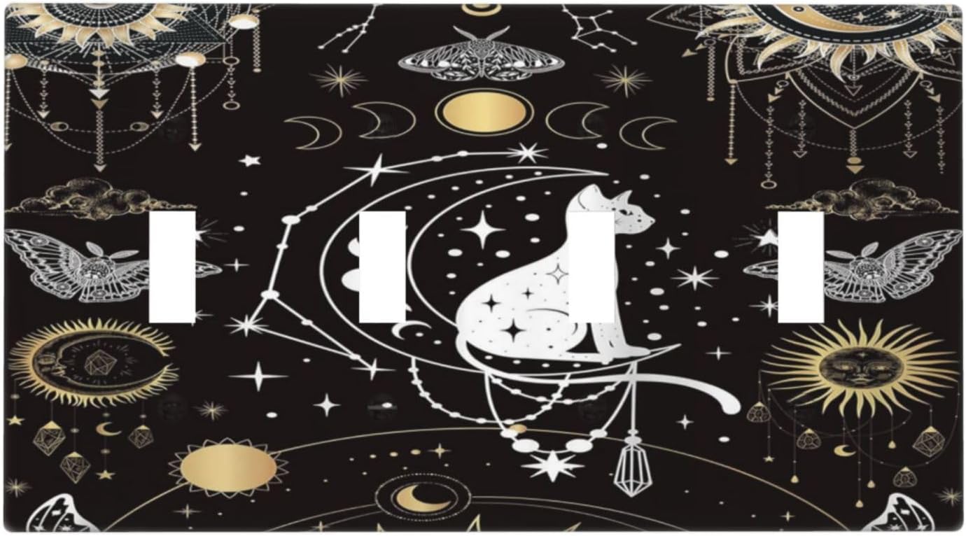 White Cat Tarot Moon Phases Moth Celestial Gothic Light Switch Covers Quad Toggle Electrical Faceplate 4 Gang Wall Plate Decorative Switch Plates Cover for Kids Room Bedroom Decor
