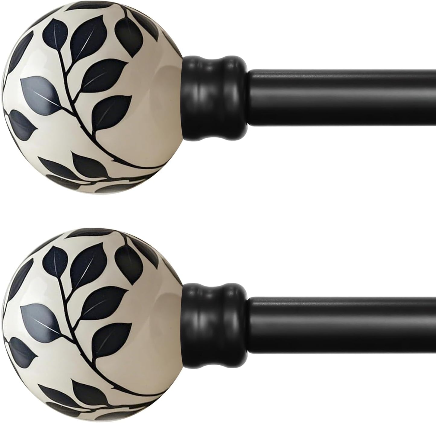 Ceramic Black Curtain Rods Set of 2 for Windows 72 to 144 Inches Adjustable Length Heavy Duty White Window Curtain Rod with Modern Leaf Pattern Decorative Finials for Bedroom Kitchen Living Room