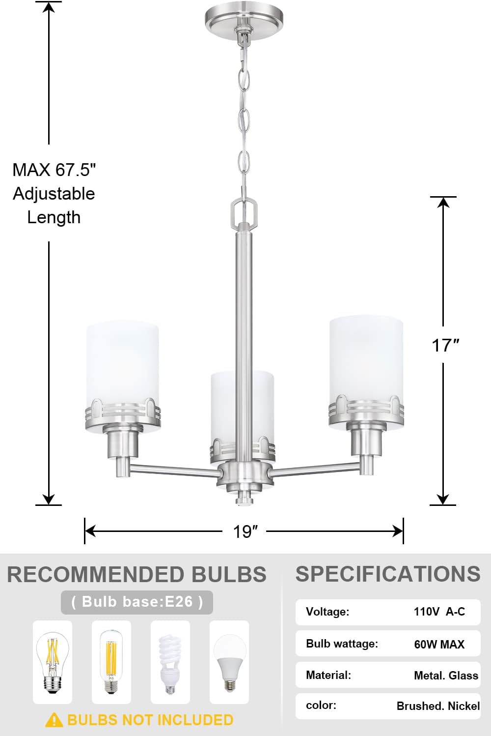 Doraimi Lighting 3 Light Fashion Kitchen Island Frosted Glass Shade+Hollow Metal Shade Chandelier Light Fixture,Brushed Nickel Finish Dining Room Living Room Corridor Bedroom