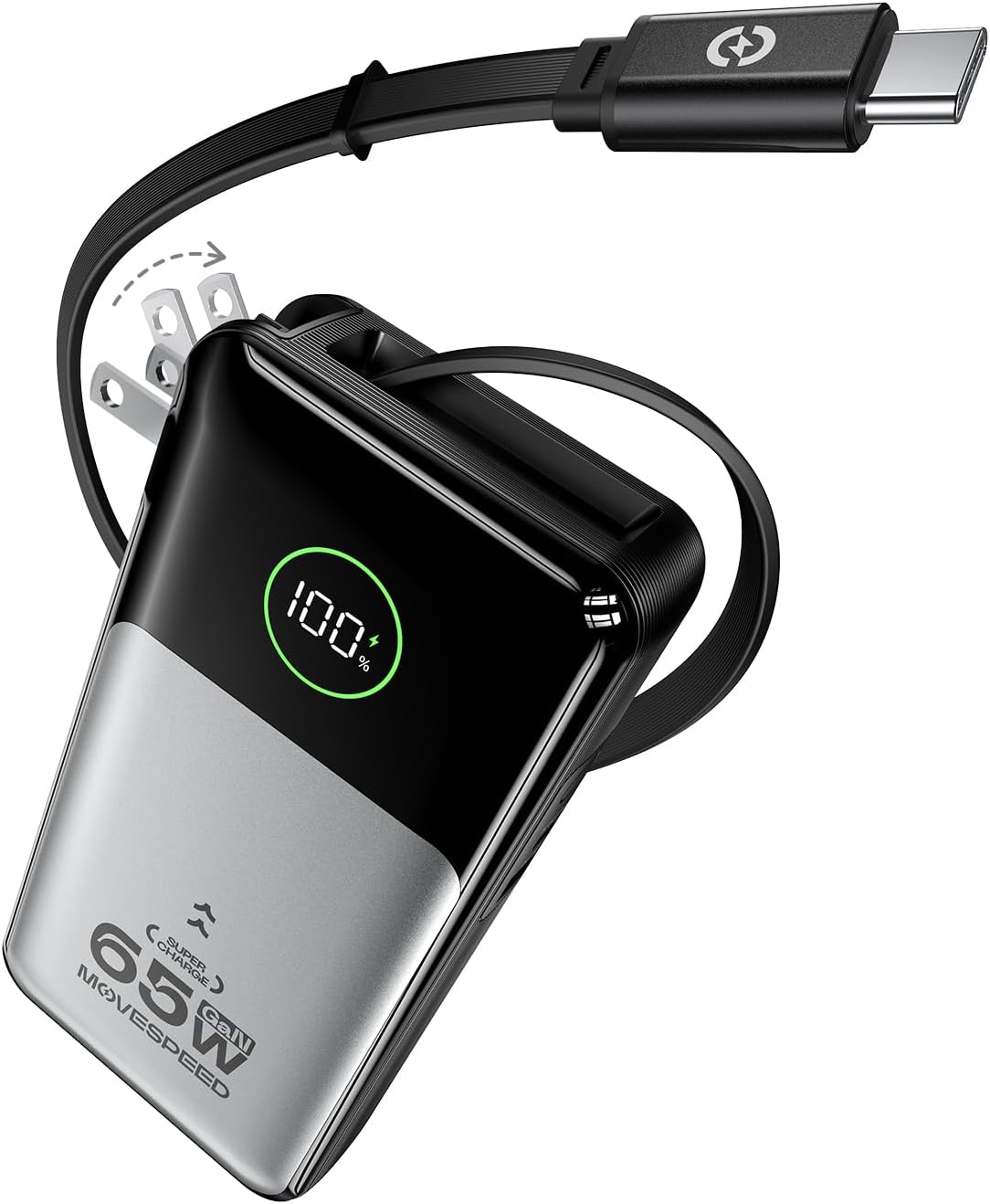 MOVE SPEED Portable Charger Laptop Power Bank 20000mAh 65W, Travel Essentials Battery Pack with Built-in Retractable USB-C Cable & Wall Plug, for MacBook/iPhone 17/16/15/iPad/Galaxy/Dell/HP and More