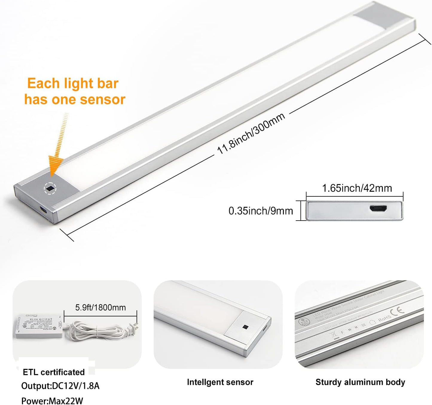 VST Hand Wave Activated Under Cabinet Lights Plug in, Closet Lights, Stepless Dimming Lighting for Kitchen Shelf Cupboard Closet Workbench (12in 3Pack 4000K)