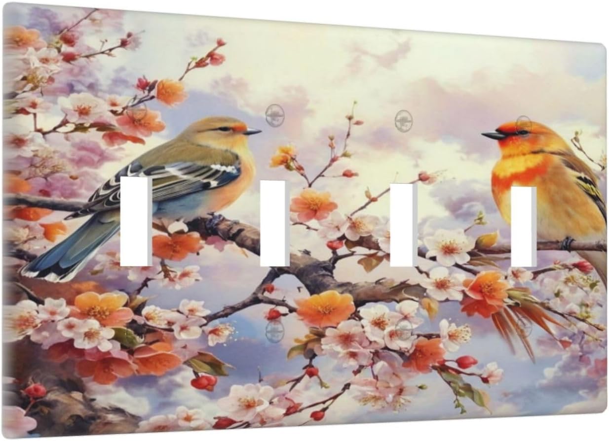 Birds Sitting on Flowers Tree Branch Light Switch Covers Quad Toggle 4 Gang Wall Plate Decorative Switch plate Electrical Faceplate for Farmhouse Living Decor