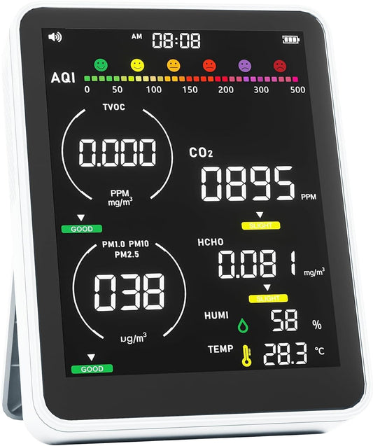 Air Quality Monitor Indoor,13-in-1 Smart Air Quality Tester with PM 2.5, CO2, TVOC, HCHO, PM1, AQI, PM10, Temperature & Humidity, Real Time Display, Battery Powered, for Home & Office (Ice White)