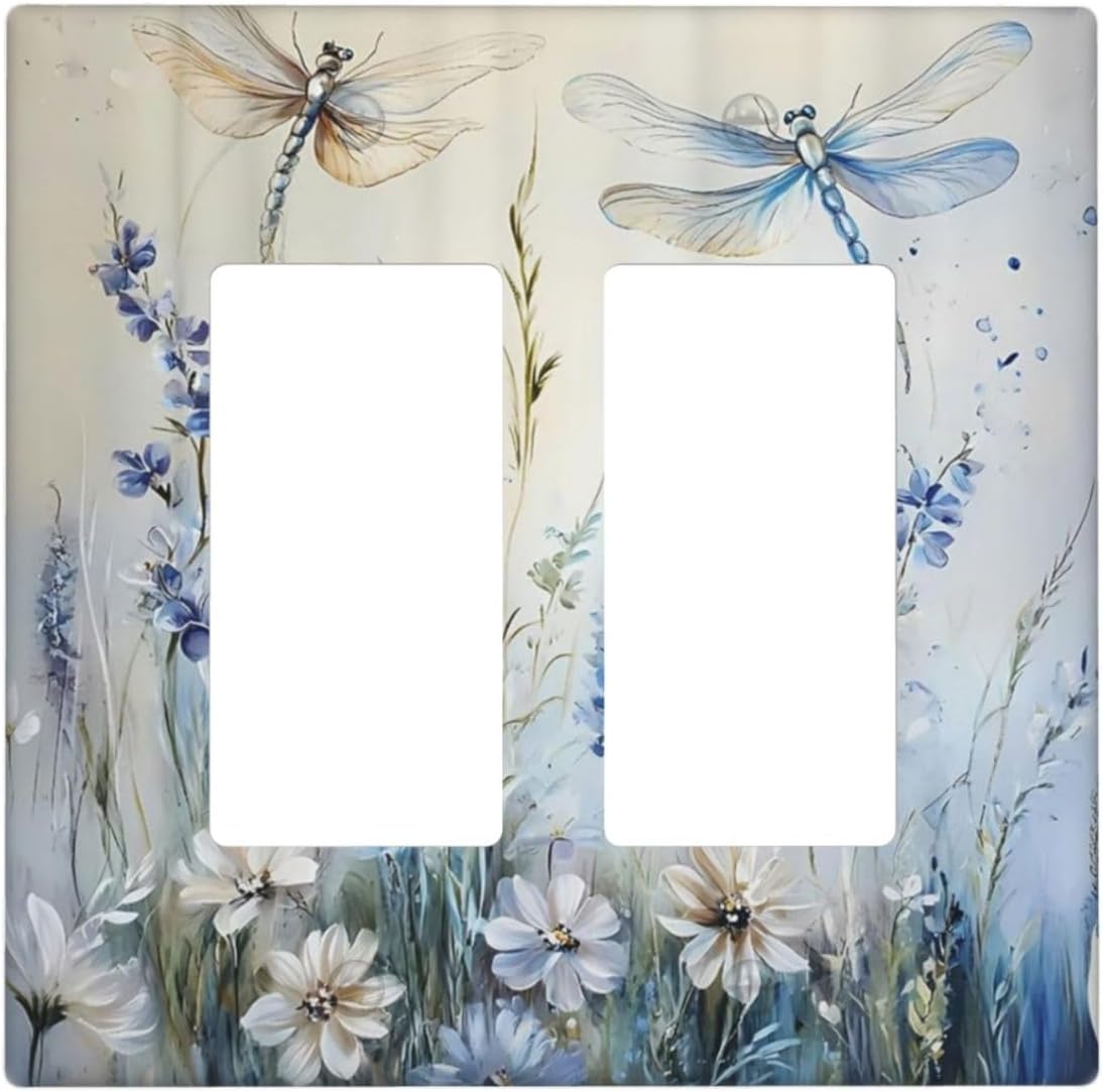 Decorative Outlet Covers Watercolor Dragonfly Blue Wihte Flower 2 Gang Light Switch Cover Plate Double Rocker Wall Plates for Electrical Outlets Switch Plate Covers for Bedroom Home Decor