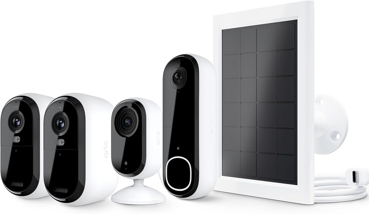 Arlo Essential Security Camera 2K Indoor/Outdoor 2 Cameras, Essential 2K Indoor 1 Camera, Video Doorbell & Solar Panel Bundle | Battery gets Charged with Solar Panels | White