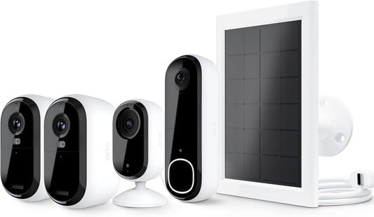 Arlo Essential Security Camera 2K Indoor/Outdoor 2 Cameras, Essential 2K Indoor 1 Camera, Video Doorbell & Solar Panel Bundle | Battery gets Charged with Solar Panels | White