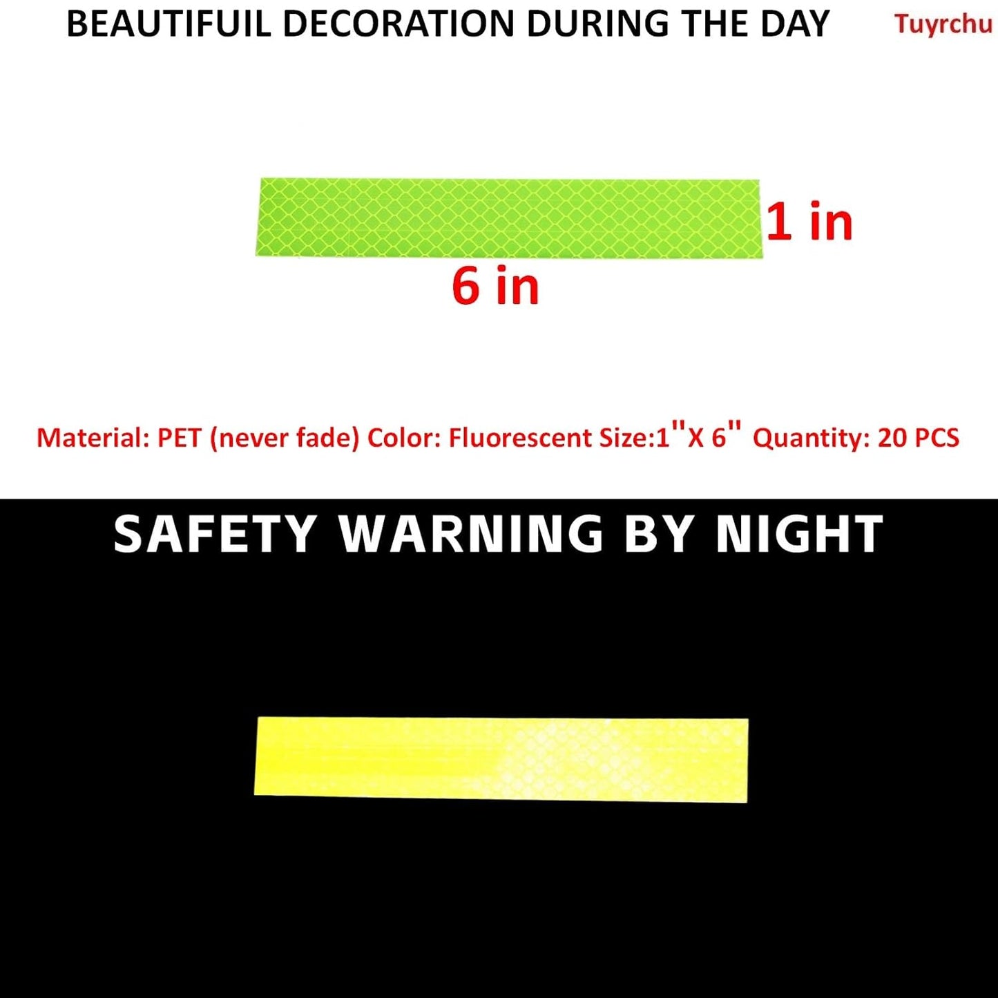 Non Fading Fluorescent Yellow Reflective Stickers 1 inch X 6 inch, Outdoor Waterproof High Visibility Safety Adhesive Reflector (20 Pcs)