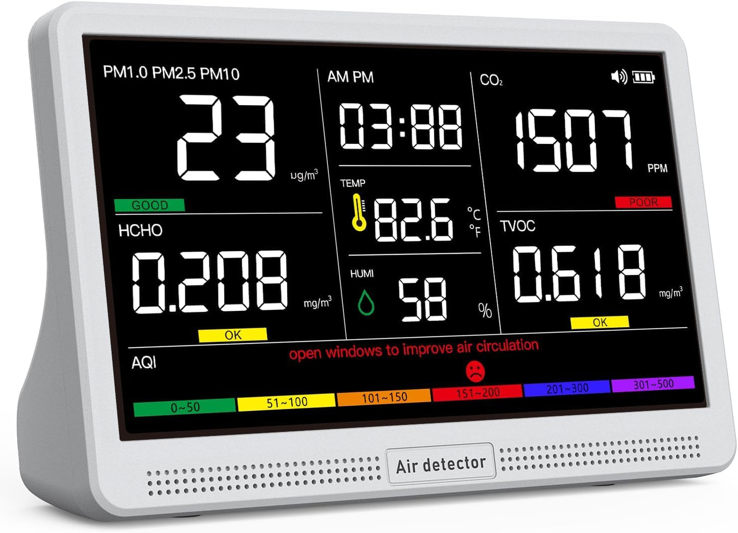 Professional Indoor Air Quality Monitor with 7X AQI Beep Alarms,16 in 1 Portable Real-Time Detector for PM2.5 | PM10 | CO2 | TVOC | HCHO | Temp | Hum for Home Cars Plants Pets