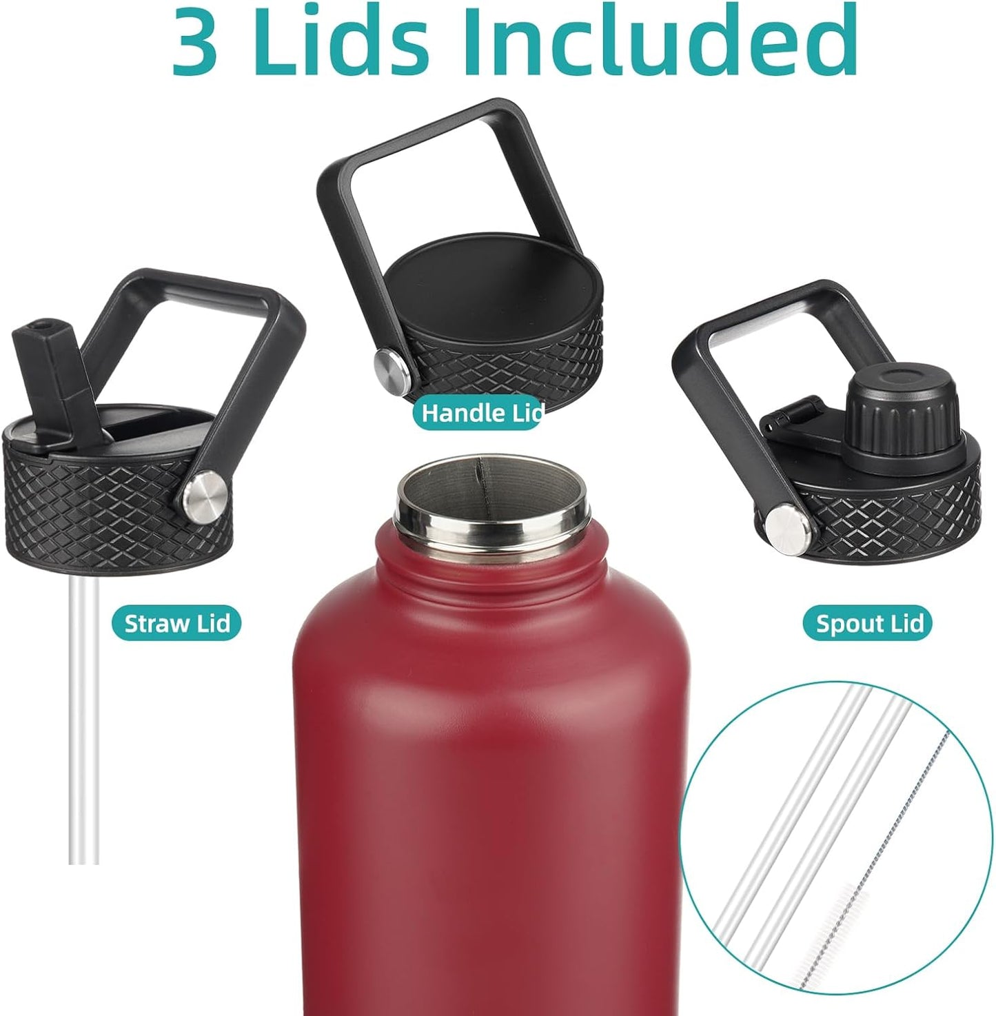 Insulated Water Bottle with Straw,87 oz 3 Lids Water Jug with Carrying Bag,Paracord Handle,Double Wall Vacuum Stainless Steel Metal Flask,Dark Red
