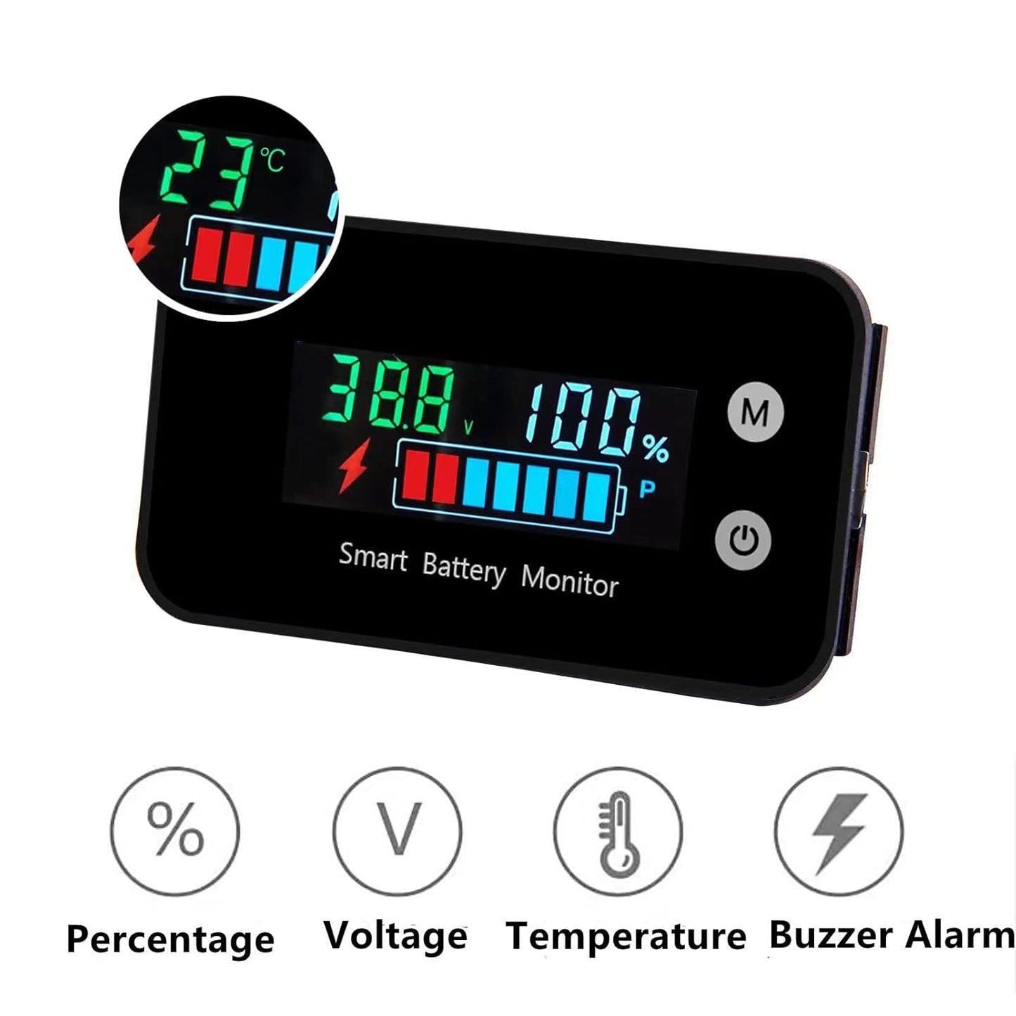 Battery Monitor12v 24v 36v 48v 60v 72v, Car,Golf cart Battery Tester Digital Display Capacity 7-100V Voltage Monitor Capacity Percentage Tester with Buzzer Alarm and Temperature(Not Waterproof)