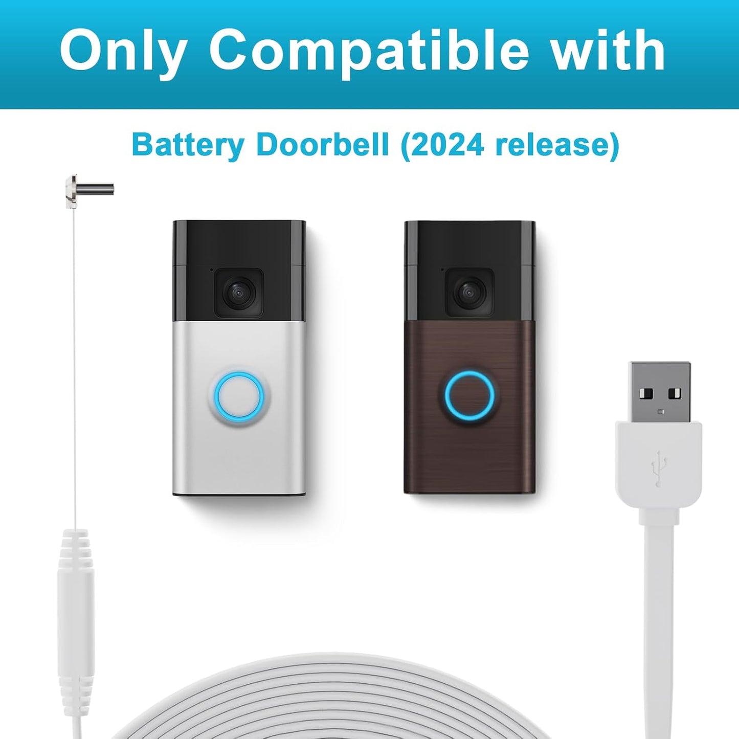 Charging Cable for Ring Battery Doorbell(2024 Release), Super Thin Bent Type-C Cable for No Drill Doorbell, 25Ft Doorbell Charging Cable Sustainable Power Supply