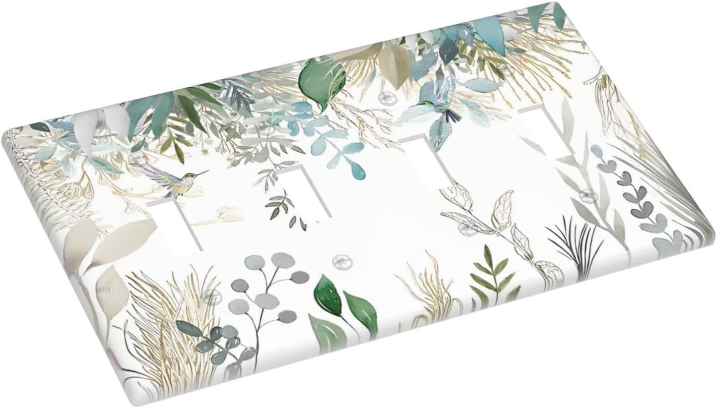 Green Tropical Palm Leaves Flower Plants Hummingbird Light Switch Covers Quad Toggle Electrical Faceplate 4 Gang Wall Plate Decorative Switch Plates for Bed Room Living Room Decor