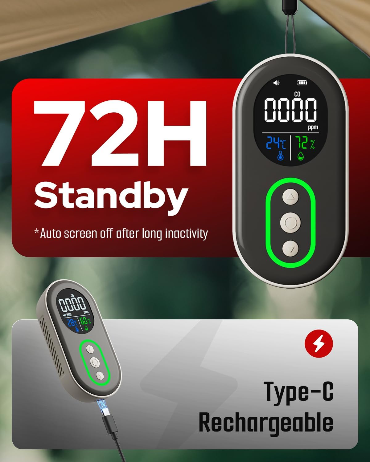 DS-399PRO Carbon Monoxide and Carbon Dioxide Detectors, 4-in-1 Portable CO2 & CO Detector with Audible & Visual Alarm, Rechargeable CO & CO2 Meter for Home, Travel, Camping, Car, 72H Standby