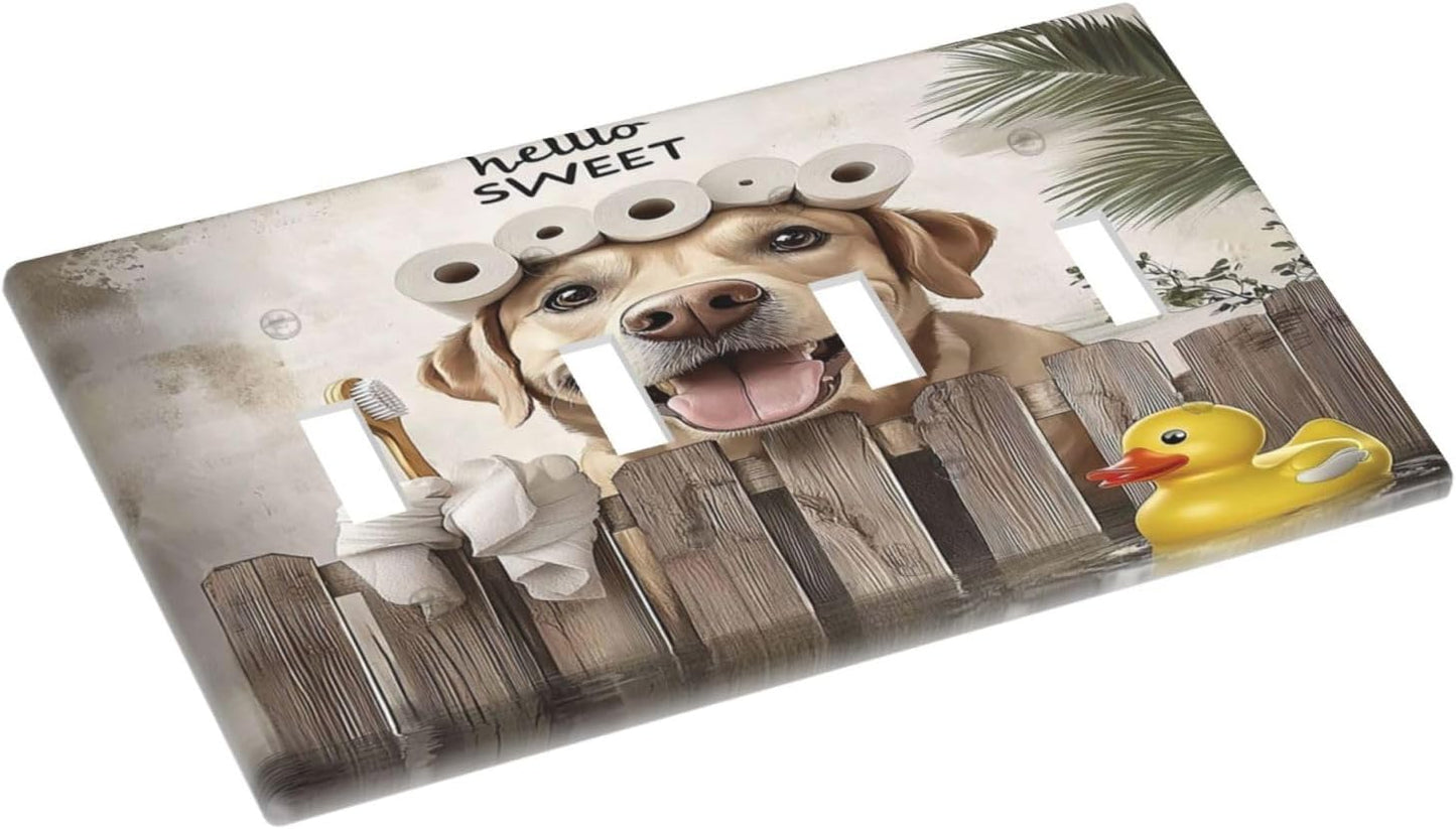 Funny Dog Rustic Farmhouse Wooden Fence Labrador Light Switch Covers Quad Toggle Electrical Faceplate 4 Gang Wall Plate Decorative Switch Plates For Kids Room Bathroom Decor