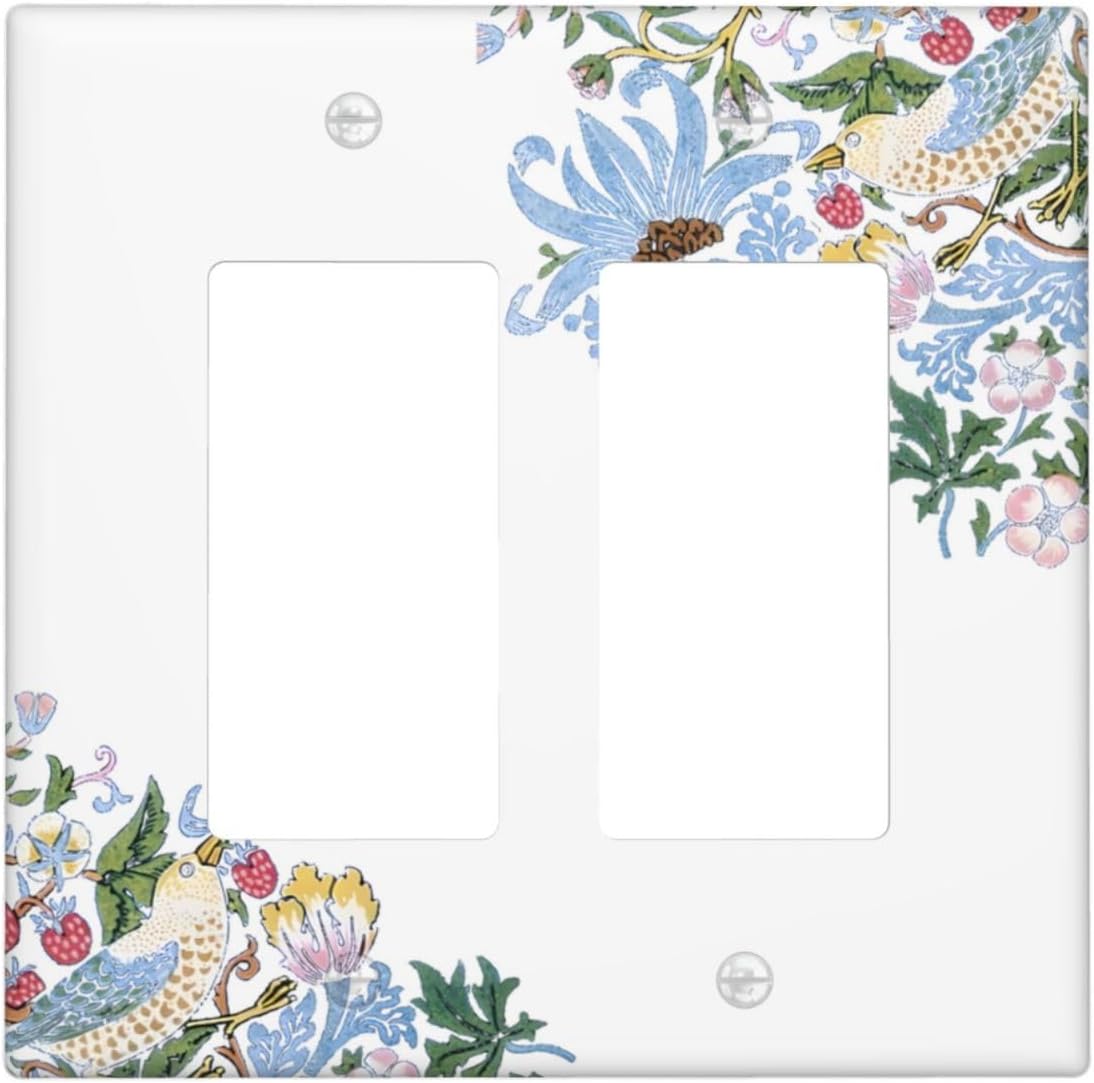 Decorative Outlet Covers Retro Morris Strawberry Rustic Plant Bird 2 Gang Wall Plate Double Rocker Two Switch Wall Cover Plate Jumbo Dual GFCI Faceplate for Bedroom Decor
