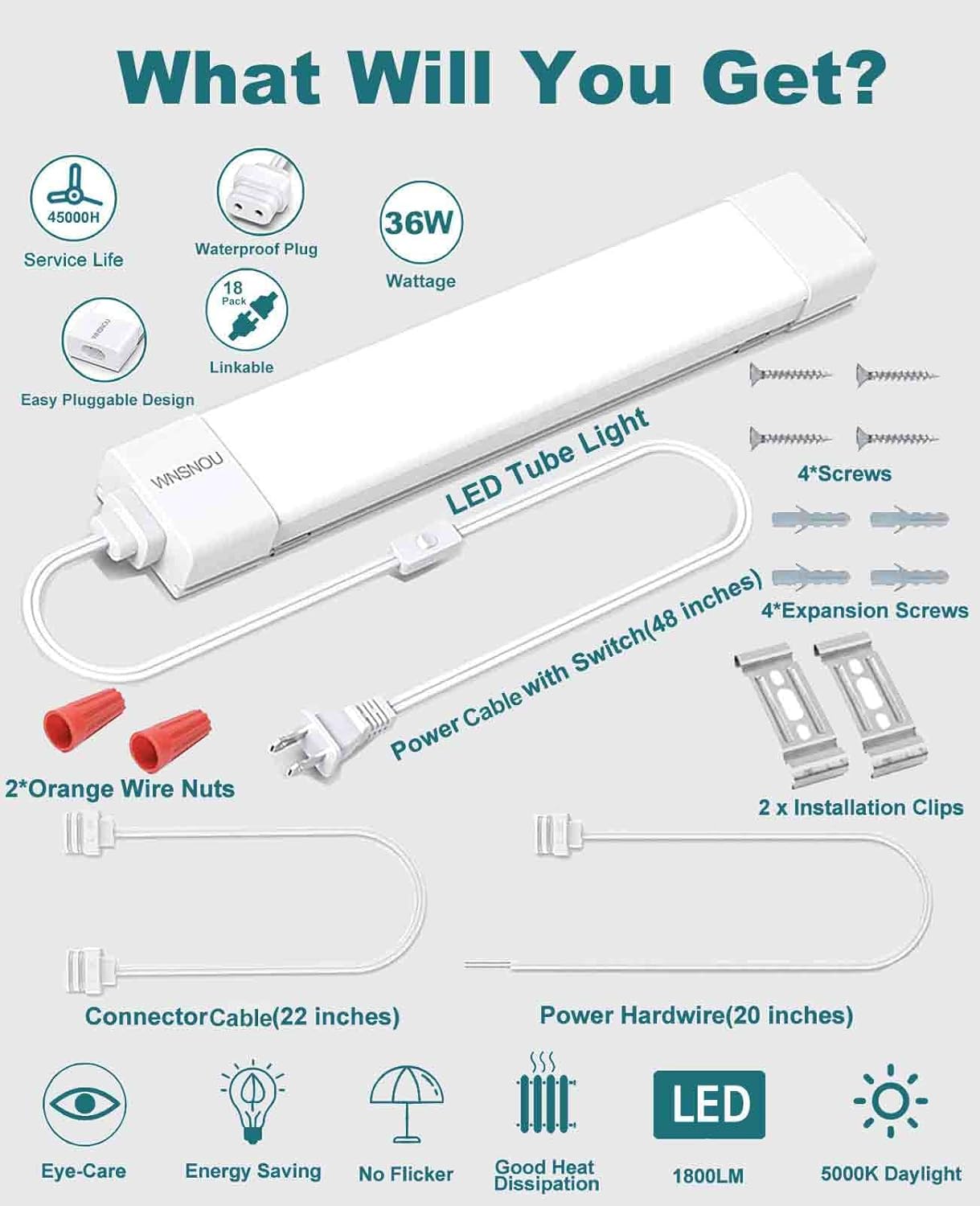 LED Tube Light Fixture with Plug, 2FT 2000LM 5000K Utility Shop, Linkable Cabinet for Garage, Kitchen, Bathroom, Closet, Office - 2Ft, Triproof, White