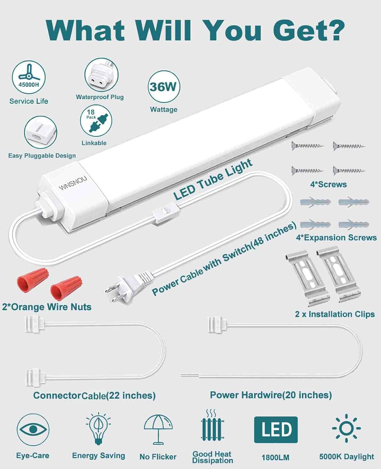 LED Tube Light Fixture with Plug, 1.4FT-2pcs 1800LM 5000K Utility Shop Light, Linkable Cabinet Light for Garage, Kitchen, Bathroom, Closet, Office - 1.4Ft, Triproof, White