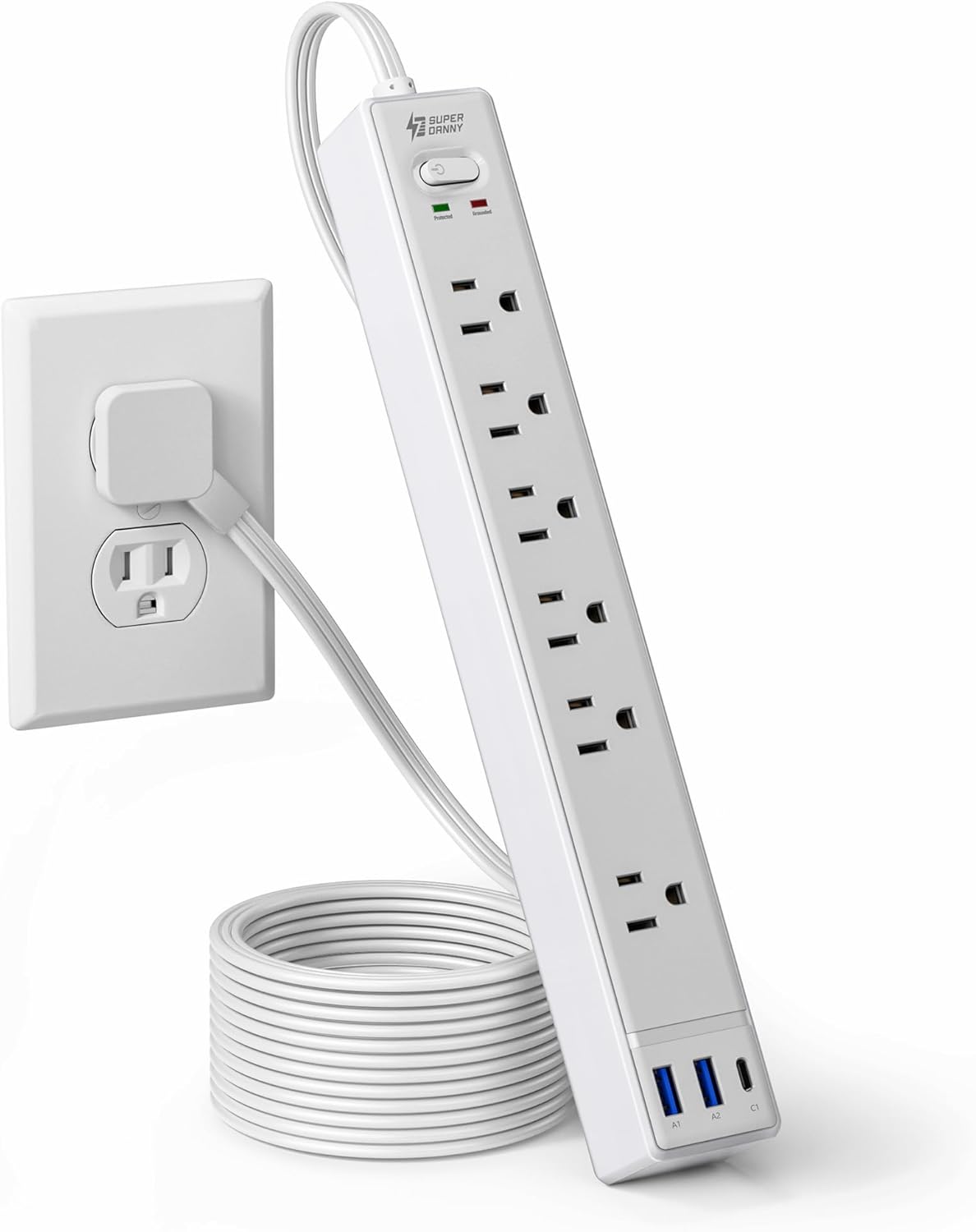 Flat Plug Surge Protector Power Strip, 6ft Ultra Thin Extension Cord with 3 USB, SUPERDANNY 6 Outlets Charging Station, Wall Mountable Outlet Extender for Home Office, College Dorm Room