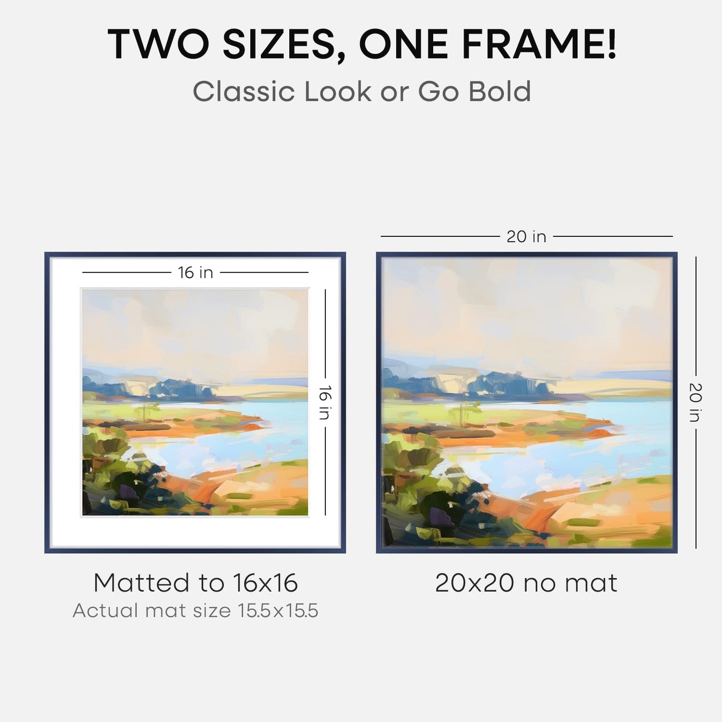 Homeforia 20x20 Picture Frame Navy Blue, High End Metal 20 x 20 Square Poster Frame with Mat 16 x 16 Photo, 20x20 Frame Matted to 16x16 Print, 20by20 Hanging Frames, Tempered Glass, Wall Kit, Set of 1