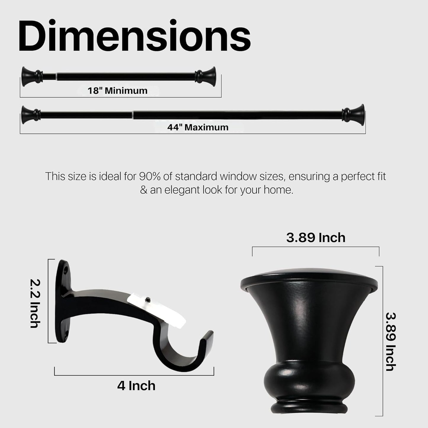 Deco Window Adjustable Curtain Rod for Windows 18 to 44 Inch (Pack of 1) Extendable Heavy Duty 1 Inch Iron Drapery Pole with Finials Wall Mounted French Door Curtain Rods (Black)
