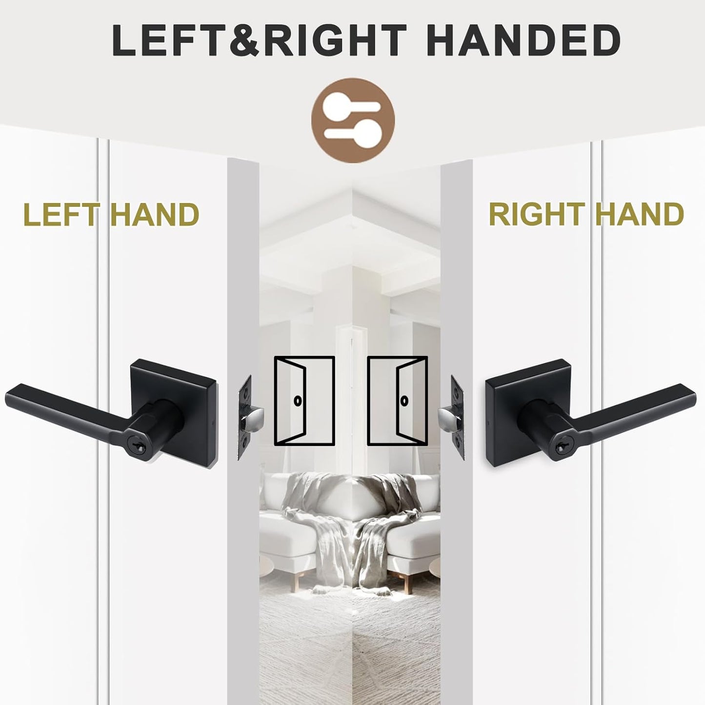 Keyed Entry Door Lever with Lock, Heavy Duty Square Interior Handle for Front Door and Office, Matte Black, Reversible for Right&Left Handed, 4Packs